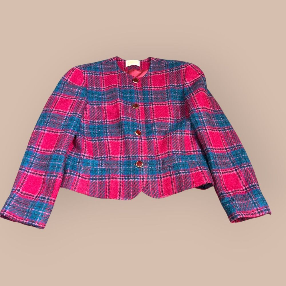 Pendleton Blazer Jacket Womens 14 Pink Teal Plaid Pure Virgin Wool Button Front